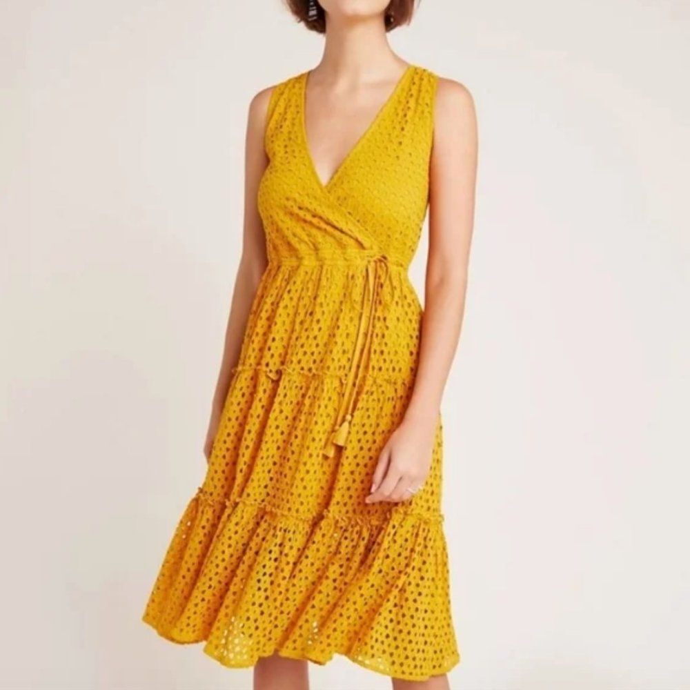 ANTHROPOLOGIE x FRYE Nuri Eyelet Dress Sleeveless Faux Wrap Mustard, Size S